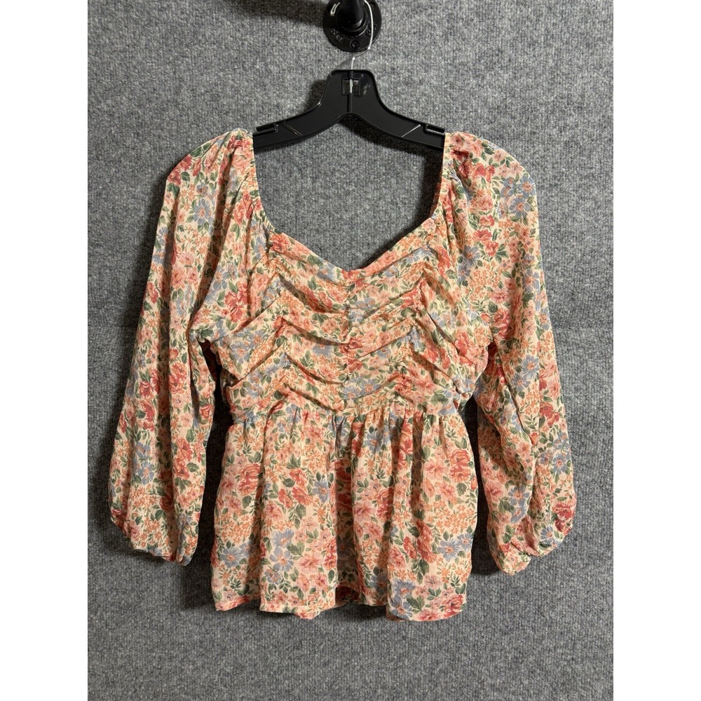 American Eagle Small Ditsy Floral Puff Sleeve Smocked Boho Peasant Blouse P19